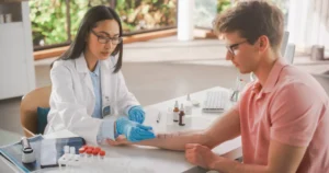 Profesional de Alergia e Inmunología atendiendo a un paciente en la consulta